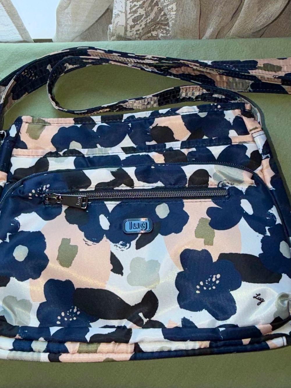 lug Navy Floral Print Crossbody with Pink and Green Accents